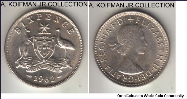 KM-58, 1962 Australia 6 pence, Melbourne (no mint mark); silver, reeded edge; late Elizabeth II, nice lightly toned uncirculated.