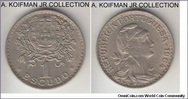 KM-578, 1964 Portugal escudo; copper-nickel, reeded edge; common circulation issue, average uncirculated.