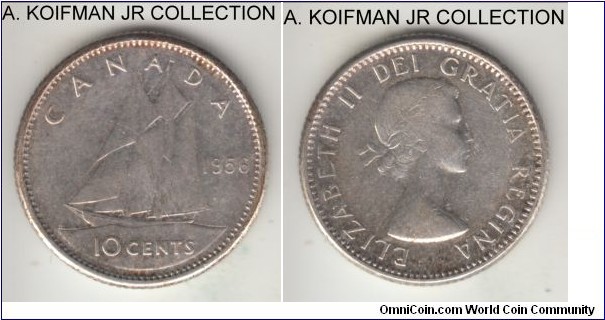 KM-51, 1956 Canada 10 cents; silver, reeded edge; Elizabeth II, uncirculated or almost reverse and either weakly struck or circulate obverse, toned.