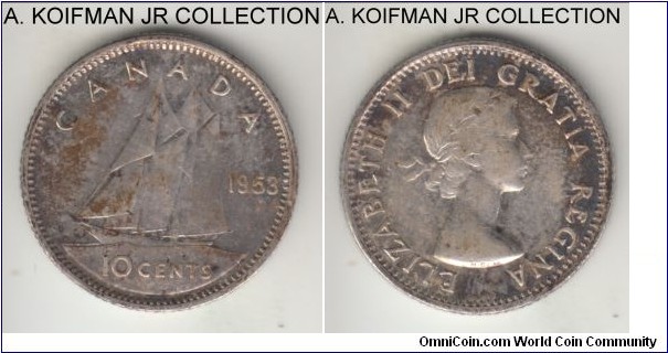 KM-51, 1953 Canada 10 cents; silver, reeded edge; Elizabeth II, no fold variety, spotty toning, otherwise extra fine or so.