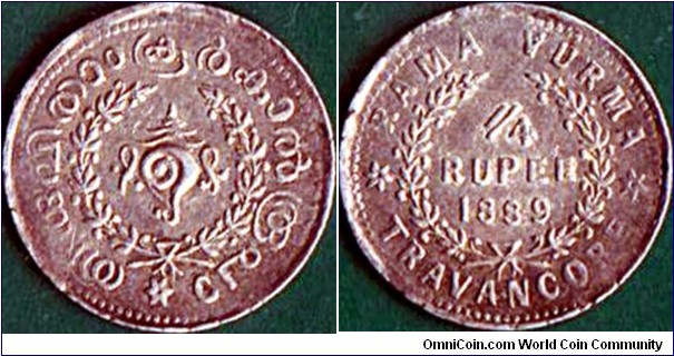 Travancore 1889 1/4 Rupee.