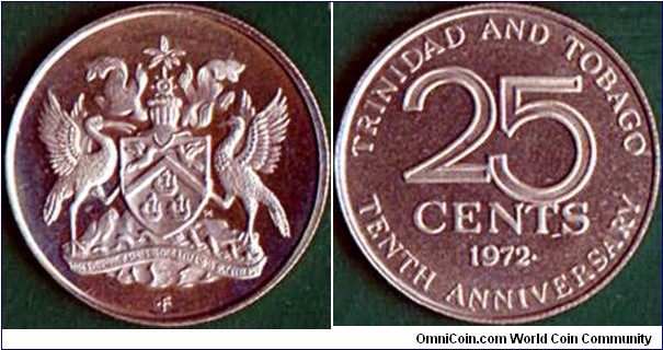 Trinidad & Tobago 1972 FM 25 Cents.

10 Years of Independence.