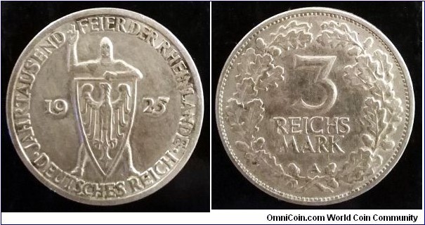 Germany (Weimar Republic) 3 reichsmark. 1925 A - Berlin, 1000th Year of the Rhineland. Ag 500. Weight; 15g. Diameter; 30mm.