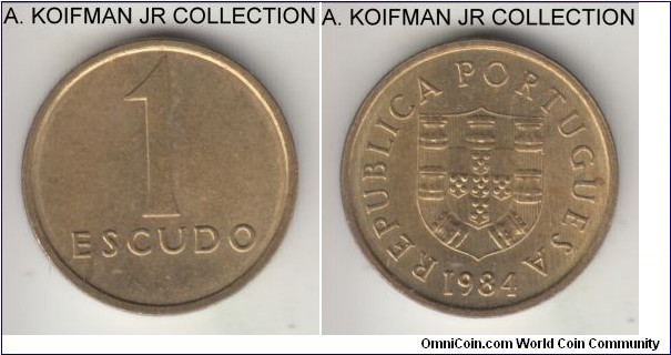 KM-614, 1984 Portugal escudo; nickel-brass, plain edge; modern Republic issue, common, average uncirculated