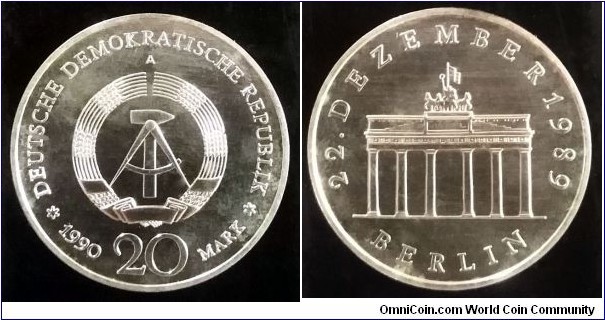 German Democratic Republic (East Germany) 20 mark. 1990 A, Opening of the Brandenburg Gate on December 22nd, 1989. 