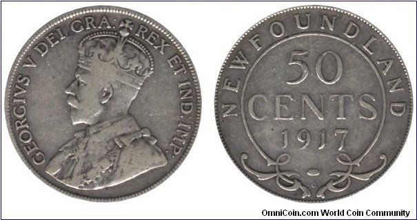 New Foundland, 50 cents, 1917, Ag, 30mm, 11.78g, King George V.