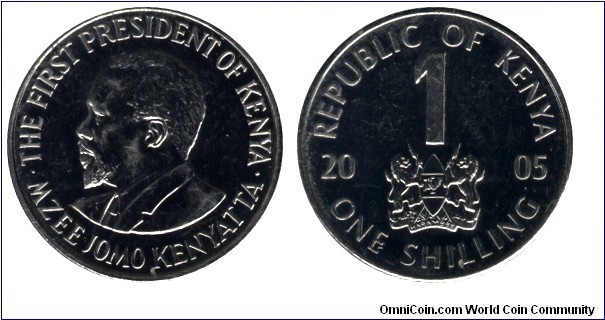 Kenya, 1 shilling, 2005, Ni-Steel, 23.90mm, 5.46g, First President Mzee Jomo Kenyatta.