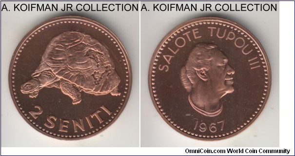 KM-5, 1967 Tonga 2 seniti, London mint; proof, bronze, plain edge; Salote Tupou III, mintage 5,000 in proof, nice red light cameo specimen.
