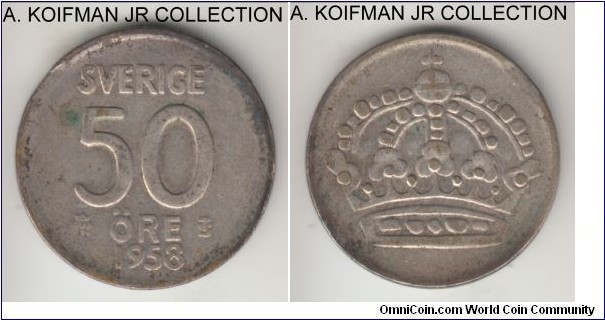 KM-825, 1958 Sweden 50 ore; silver, plain edge; Gustaf VI, average circulated, flan defect or an edge crimp.