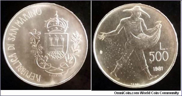 San Marino 500 lire.
1981, 2000th Anniversary of the Death of Virgil - Georgics. Ag 835. Weight; 11g. Diameter; 29mm. Mintage: 75.000 pcs.