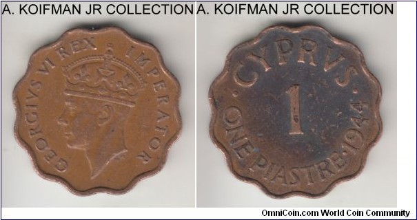 KM-23a, 1944 Cyprus piastre; bronze, plain edge, scalloped flan; George VI, about very fine details on heavyli toned (fire?) reverse and extra fine obverse with some contact marks.