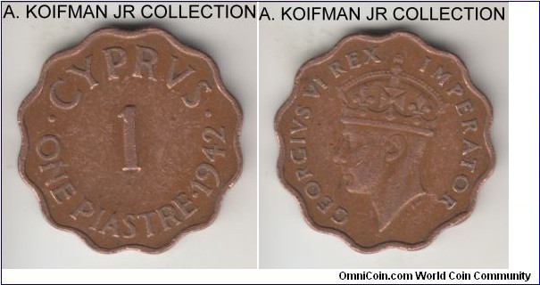 KM-23a, 1942 Cyprus piastre; bronze, plain edge, scalloped flan; George VI, very fine or about.