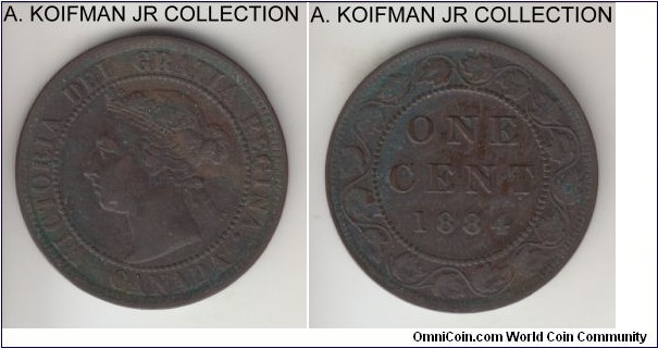 KM-7, 1884 Canada cent; bronze, plain edge; Victoria, dark brown, good very fine to extra fine.