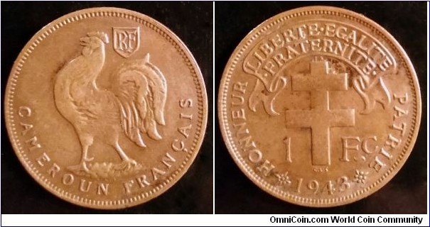 French Cameroon 1 franc. 1943, SA - South Africa, Pretoria. Bronze.