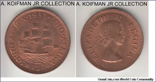 KM-45, 1953 South Africa (Dominion) half penny; bronze, plain edge; Elizabeth II, red brown choice uncirculated.