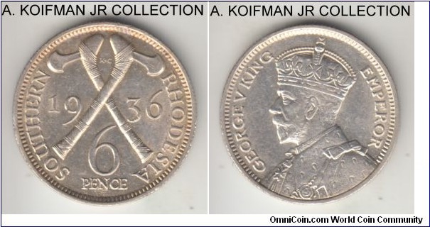 KM-2, 1936 Southern Rhodesia 6 pence; silver, reeded edge; George V, last and most common of the 4 years struck, bright almost uncirculated, golden reverse toning.