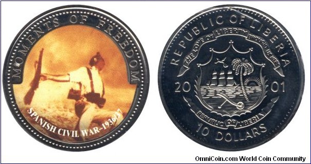 Liberia, 10 dollars, 2001, Cu-Ni, coloured, 38.60mm, 28.5g, Moments of Freedom: Spanish Civil War - 1936/37.