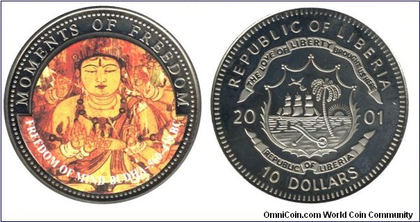 Liberia, 10 dollars, 2001, Cu-Ni, coloured, 38.60mm, 28.5g, Moments of Freedom: Freedom of Mind, Budha 560-479 BC.