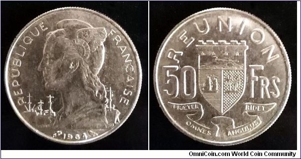 Reunion 50 francs.
1964, Nickel. Paris Mint (Monnaie de Paris) Weight; 6g. Diameter; 24mm. Mintage: 500.000 pcs.