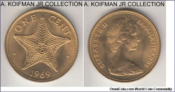 KM-2, 1969 Bahamas cent; nickel-brass, plain edge; Elizabeth II, last year of the large flan type, red uncirculated.