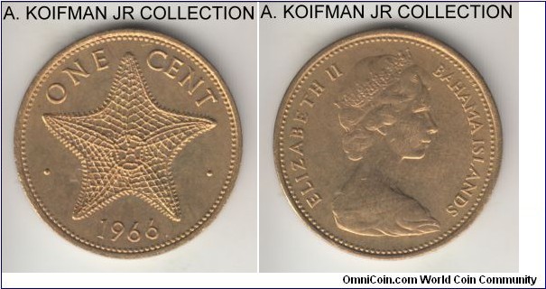 KM-2, 1966 Bahamas cent; nickel-brass, plain edge; Elizabeth II, first of the 3-year large flan type, red uncirculated.