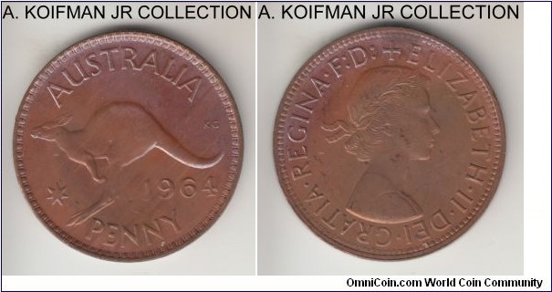 KM-56, 1964 Australia penny, Melbourne mint (no dot after PENNY); bronze, plain edge; Elizabeth II, last pre-decimal, average brown uncirculated, some interesting reverse toning.