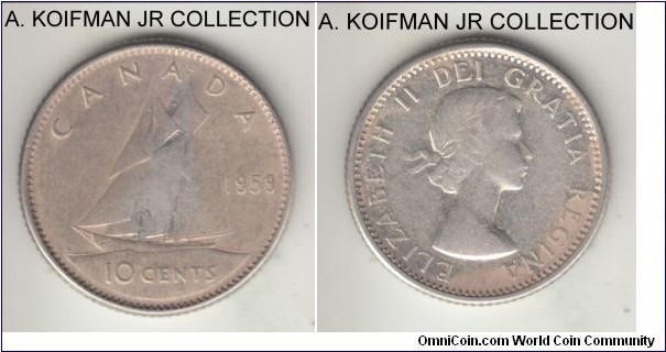 KM-51, 1959 Canada 10 cents; silver, reeded edge; Elizabeth II, about extra fine, toned.