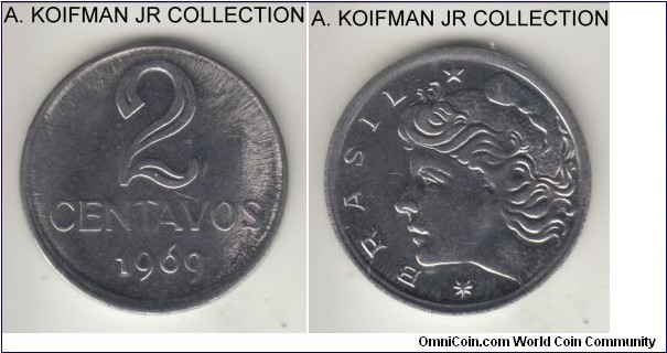 KM-576.2, 1969 Brazil 2 centavos; stainless steel, plain edge; 3-year type, average uncirculated.