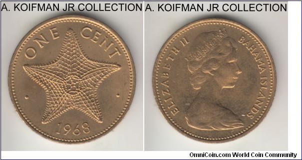 KM-2, 1968 Bahamas cent; nickel-brass, plain edge; Elizabeth II, last year of the large flan type, smaller mintage, uncirculated.