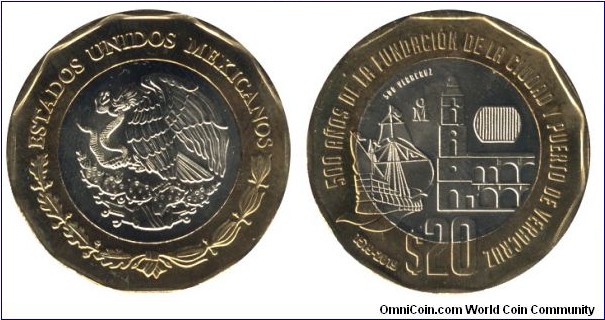 Mexico, 20 pesos, 2019, Al-Bronze-Ni-Ag, bi-metallic, 30mm, 12.67g, 500th Anniversary of the Founding of the City and Port of Veracruz.
