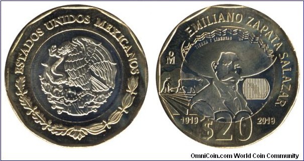 Mexico, 20 pesos, 2019, Al-Bronze, Ni-Ag, bi-metallic, 30mm, 12.67g, 1919-2019, Emiliano Zapata Salazar.