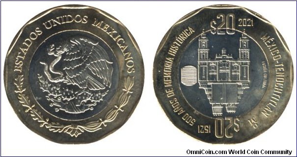 Mexico, 20 pesos, 2021, Al-Bronze, Ni-Ag, bi-metallic, 30mm, 12.67g, 1521-2021, México-Tenochtitlan, 500 Años de Memoria Histórica.