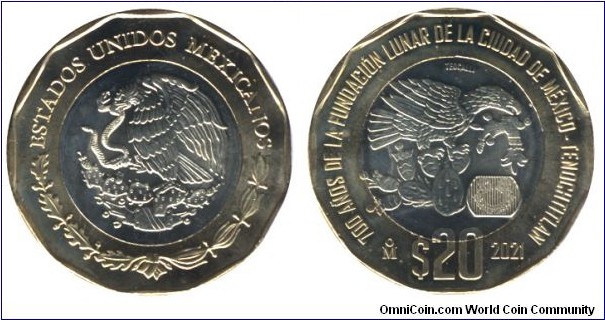 Mexico, 20 pesos, 2021, Al-Bronze-Ni-Ag, bi-metallic, 30mm, 12.67g, 700th Anniversary of the Foundation of Mexico-Tenochtitlan.