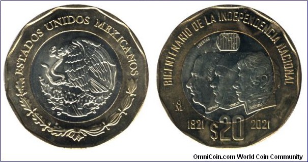 Mexico, 20 pesos, 2021, Al-Bronze, Ni-Ag, 30mm, 12.67g, 1821-2021, Bicentenary of the Independence, Effigies of Miguel Hidalgo, Jose Maria Morelos and Vicente Guerrero.