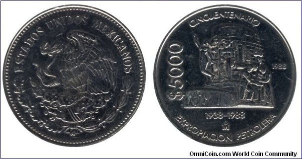 Mexico, 5000 pesos, 1988, Cu-Ni, 33.5mm, 17.40g, 50th Anniversary - Nationalization of Oil Industry.
