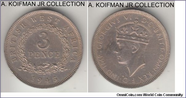 KM-21, 1943 British West Africa 3 pence, Heaton mint (H mint mark); copper-nickel, security reeded and grooved edge; George VI, good extra fine details, wiped.