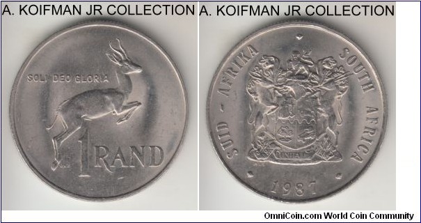 KM-88a, 1987 South Africa rand; nickel, reeded edge; circulation strike, average uncirculated or almost.