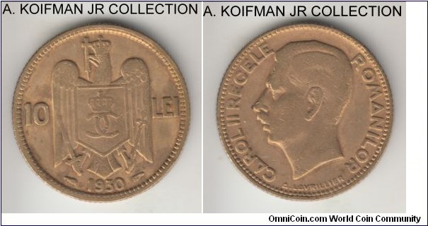 KM-49, 1930 Romania 10 lei, Paris mint (privy marks); nickel-brass, reeded edge; Carol II, coin orientation variety, average circulated and cleaned.