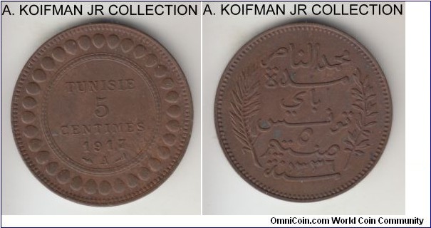 KM-235, AH1336(1917) Tunisia 5 centimes, Paris mint (A mint mark); bronze, plain edge; Muhammad al-Nasir Bey, brown uncirculated or almost.