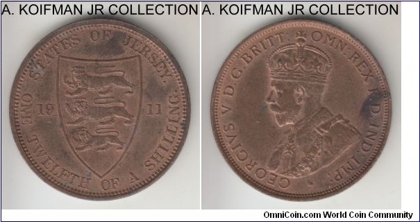 KM-12, 1911 Jersey 1/12'th of a shilling; bronze, plain edhe; George V, red brown uncirculated or almost.