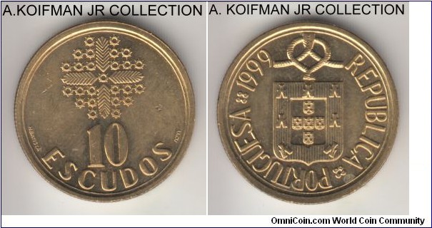 KM-633, 1999 Portugal 10 escudos; nickel-brass, reeded edge; business strike, bright average uncirculated.