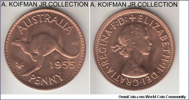 KM-56, 1955 Australia penny, Melbourne mint (no dot after PENNY); bronze, plain edge; Elizabeth II, nice bright red uncirculated.