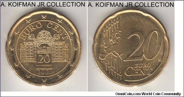 KM-3140, 2021 Austria 20 euro cents; nordic gold, plain edge with 7 indentations; Belvedere palace gate and 2-nd Europe map, bright uncirculated.