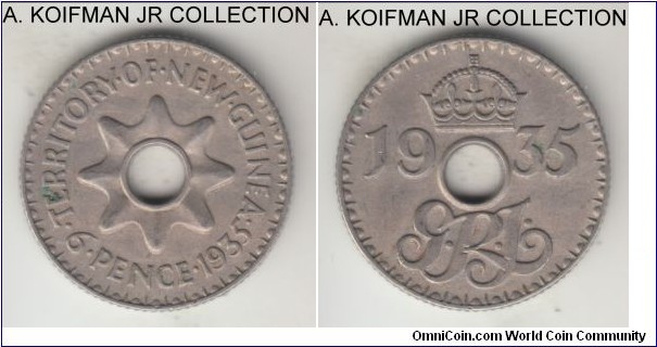 KM-4, 1935 New Guinea 6 pence; copper-nickel, holed flan, plain edge; George V, 1-year type, pleasant lightly toned almost uncirculated.