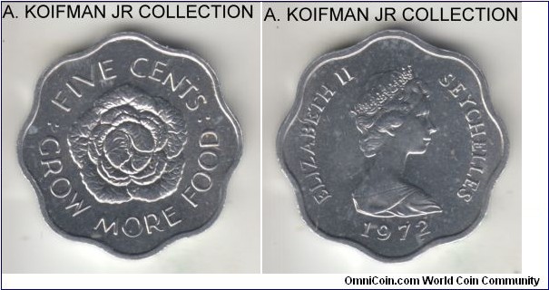 KM-18, 1972 Seychelles 5 cent, Royal Mint; aluminum, plain edge; 2-year circulation FAO issue, uncirculated.