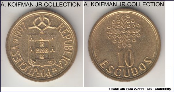KM-633, 1997 Portugal 10 escudos; nickel-brass, reeded edge; circulation business strike, bright average uncirculated.