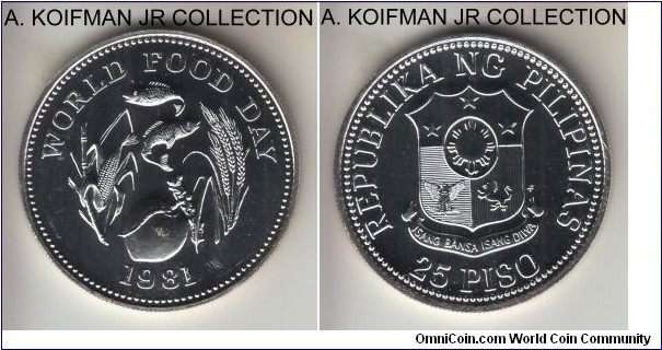 KM-232, 1981 Philippines 25 pisos, Franklin mint (FM mint mark in monogram); silver, reeded edge; World Food Day 1-year commemorative crown, mintage 10,000, bright proof like, couple of contact marks.