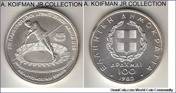 KM-136, 1992 Greece 100 drachmas; silver, reeded edge; Pan-European games commemorative, Pole Vault, mintage 150,000, matte uncirculated.