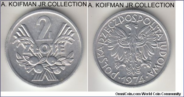 Y#46, Poland 1974 2 zlote; aluminum, reeded edge; second circulation issue, common, nice bright uncirculated.