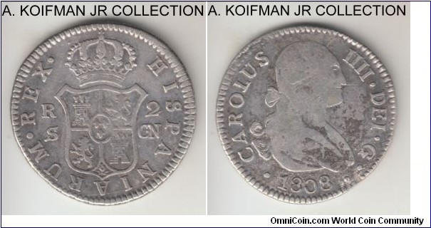 KM-430.2, 1808 Spain (Kingdom) 2 reales, Seville mint; silver, slant reeded edge; Charles IV, CN mint masters, about very fine, old cleaning.